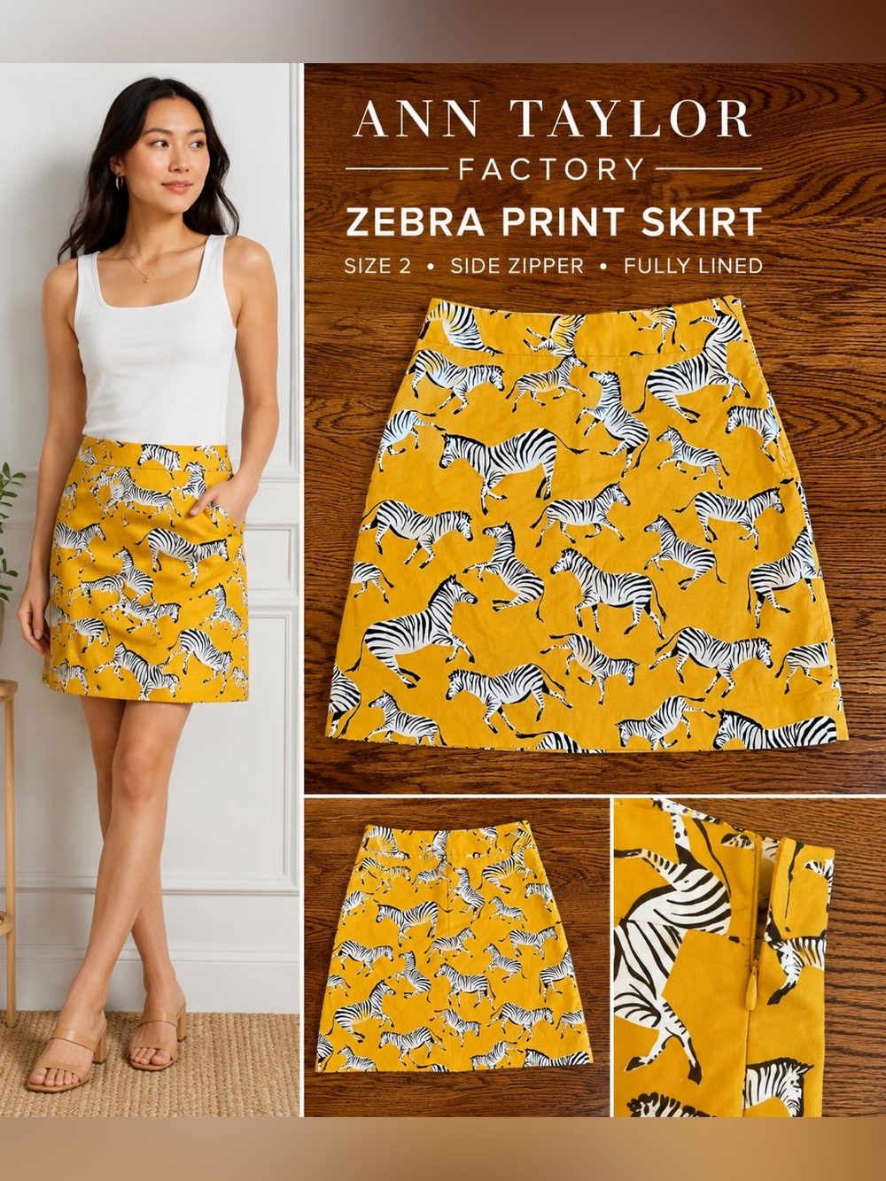 Ann Taylor Factory Mustard Yellow Zebra Print Mini Skirt Size 2 Fully Lined